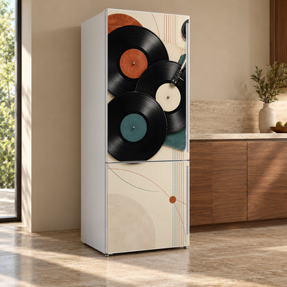 Vinyl Records fridge wrap, refrigerator shown at an angle