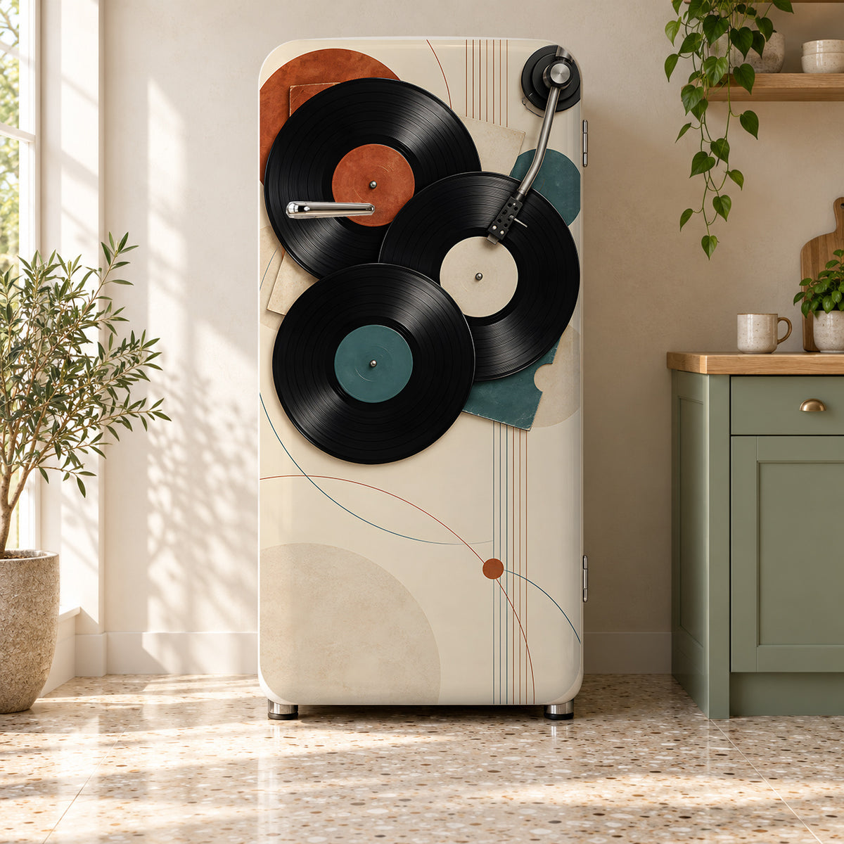Vinyl Records fridge wrap on a retro refrigerator