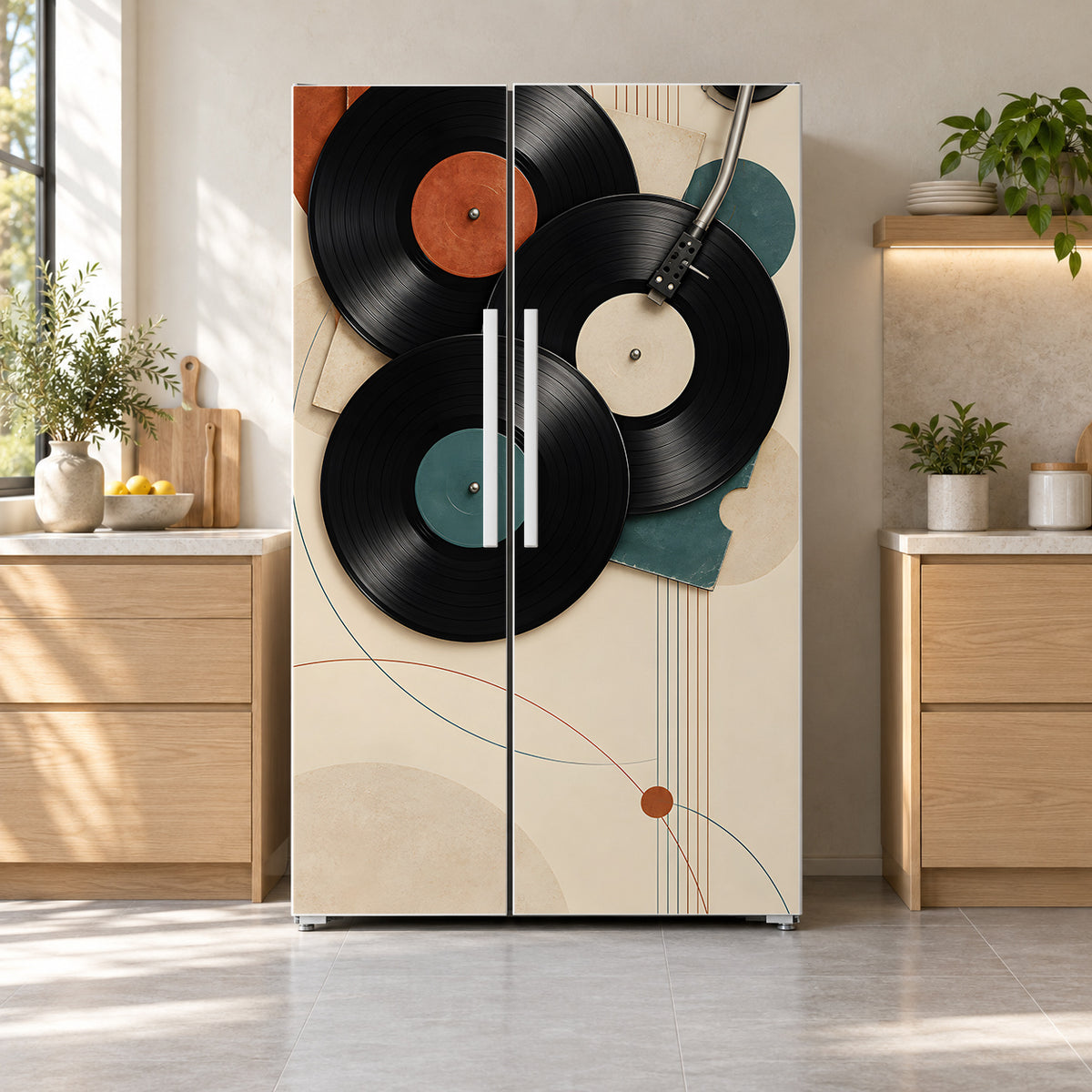 Vinyl Records fridge wrap on a side-by-side refrigerator