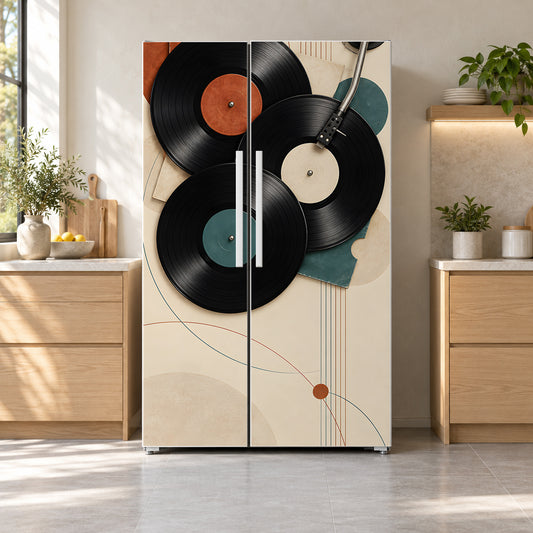 Vinyl Records fridge wrap on a side-by-side refrigerator