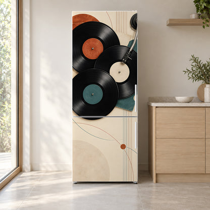Vinyl Records fridge wrap on a white refrigerator in a bright kitchen