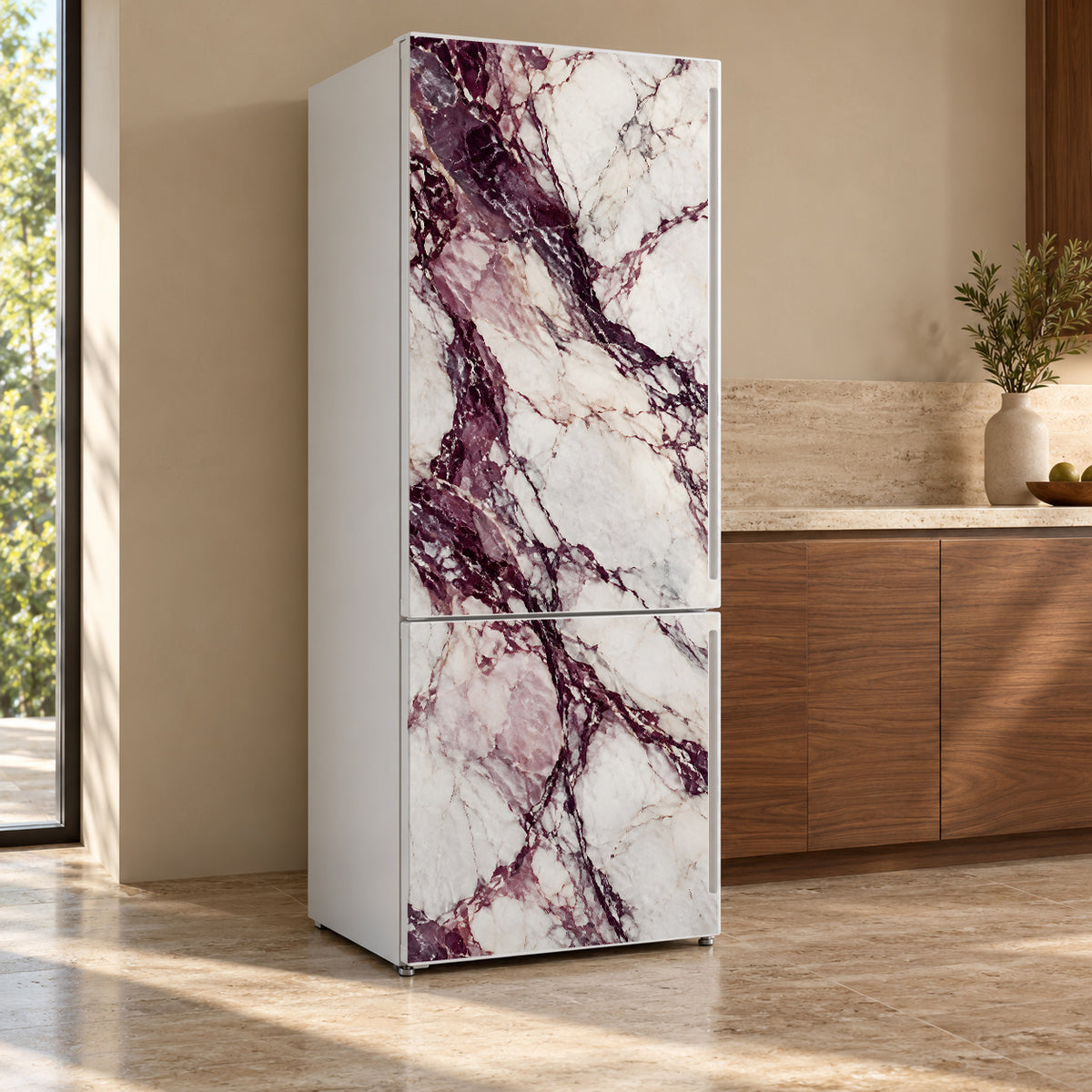 Viola Marble fridge wrap, refrigerator shown at an angle