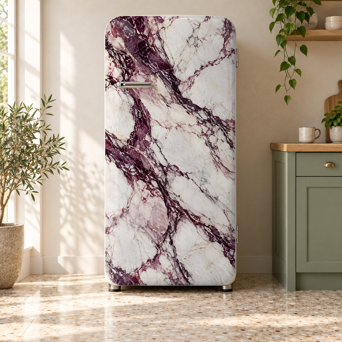 Viola Marble fridge wrap on a retro refrigerator