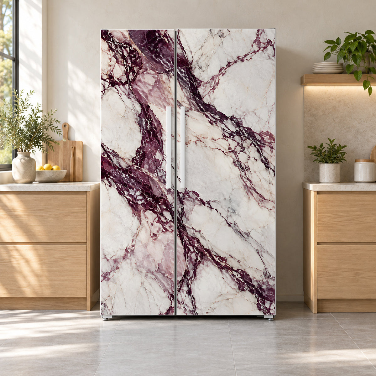 Viola Marble fridge wrap on a side-by-side refrigerator