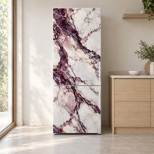 Viola Marble fridge wrap on a white refrigerator in a bright kitchen