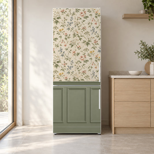 Wainscot Panels & Floral Wallpaper fridge wrap on a white refrigerator in a bright kitchen