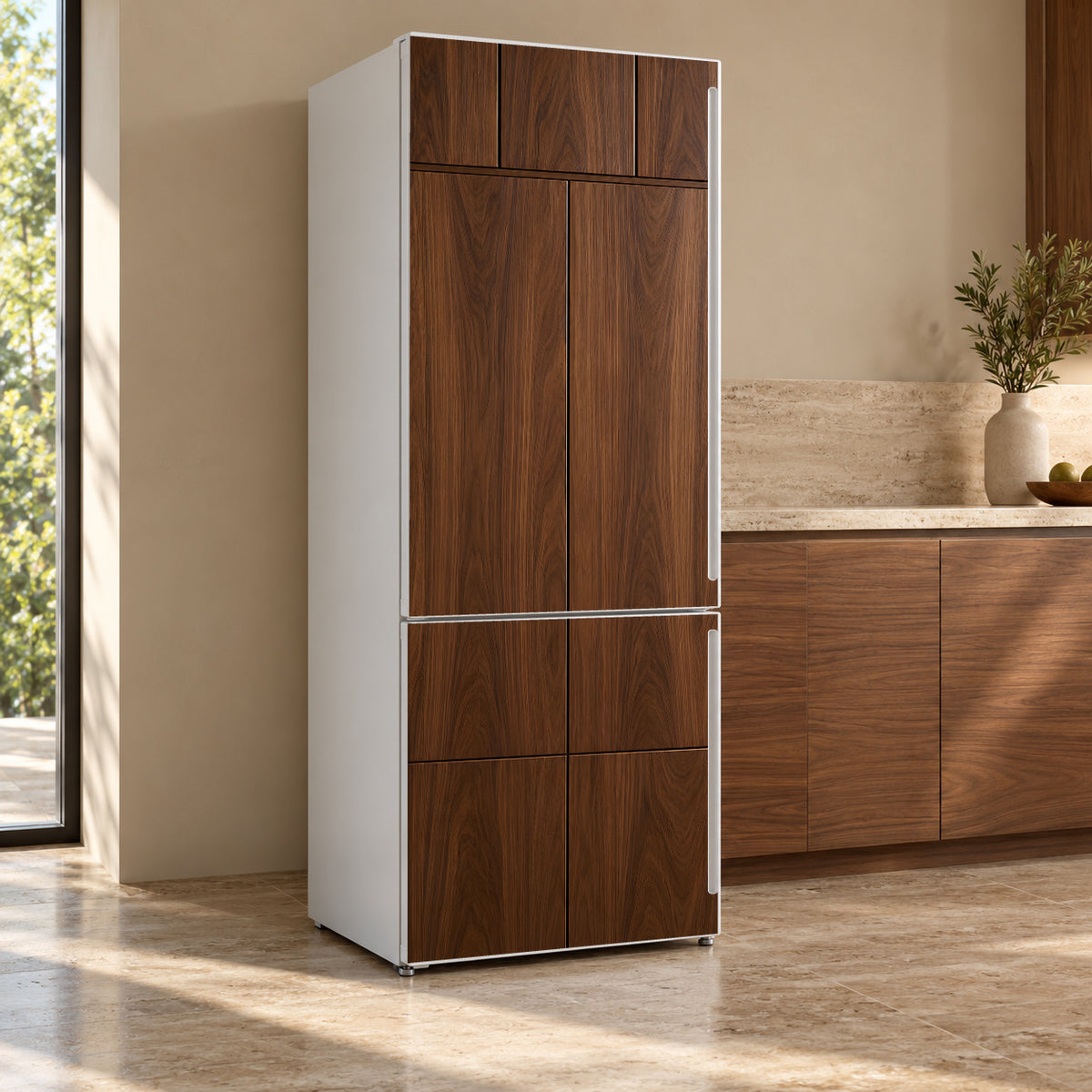 Walnut Cabinet Panel Look fridge wrap, refrigerator shown at an angle