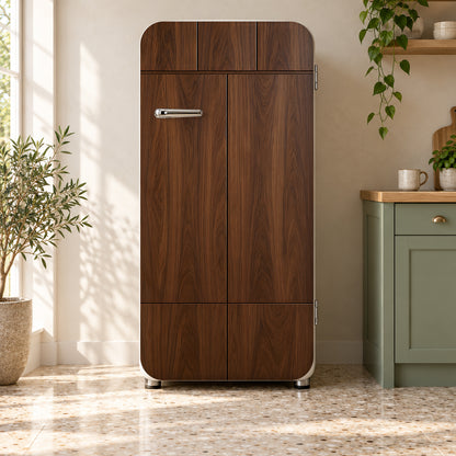 Walnut Cabinet Panel Look fridge wrap on a retro refrigerator
