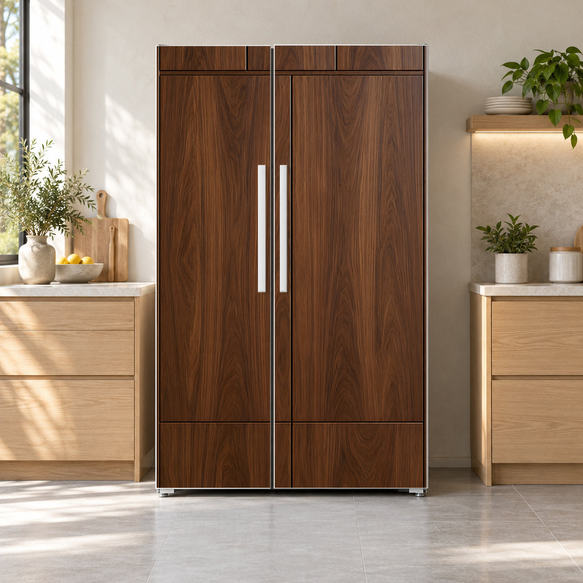 Walnut Cabinet Panel Look fridge wrap on a side-by-side refrigerator