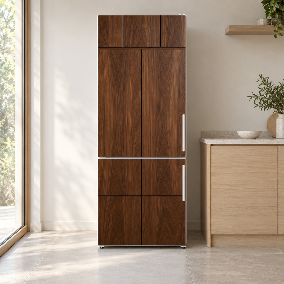 Walnut Cabinet Panel Look fridge wrap on a white refrigerator in a bright kitchen