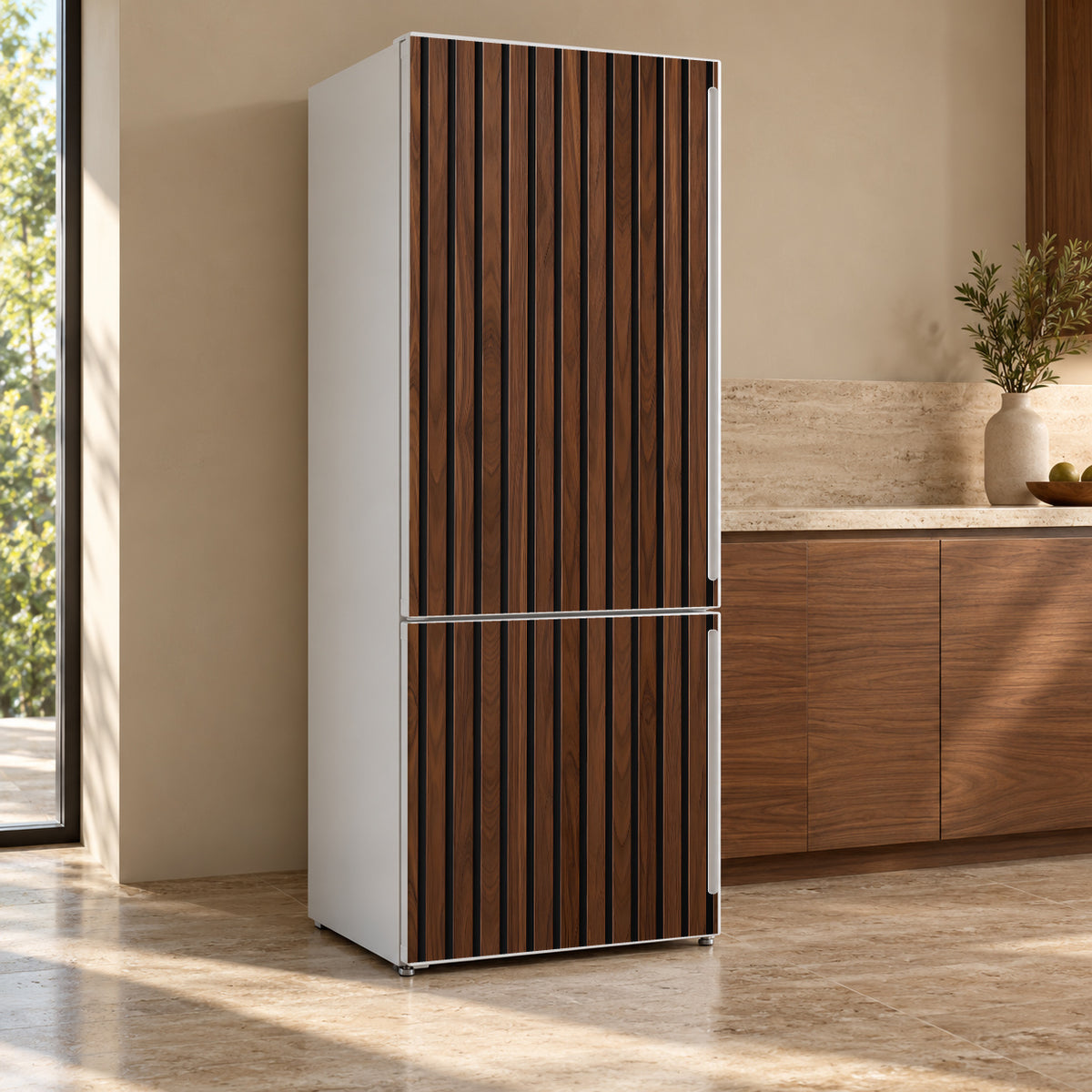 Walnut Slat Wall Panels fridge wrap, refrigerator shown at an angle