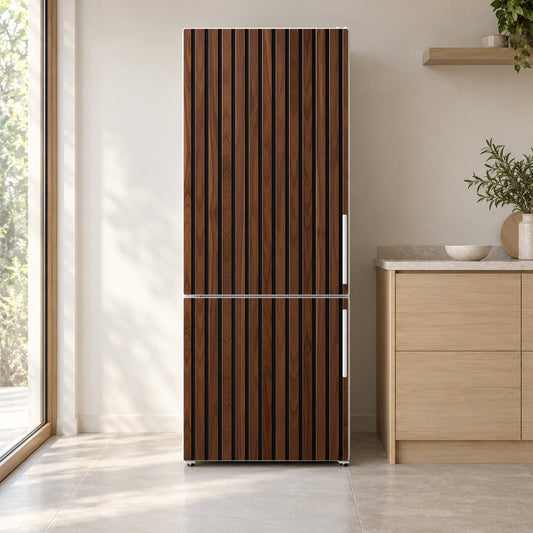 Walnut Slat Wall Panels fridge wrap on a white refrigerator in a bright kitchen