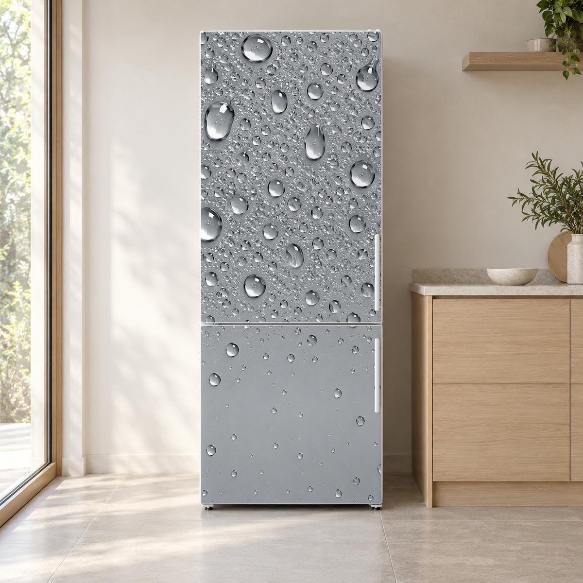 Water Drops fridge wrap on a white refrigerator in a bright kitchen