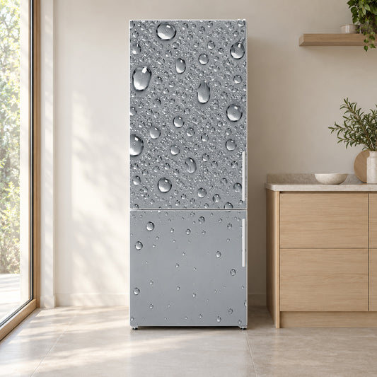 Water Drops fridge wrap on a white refrigerator in a bright kitchen