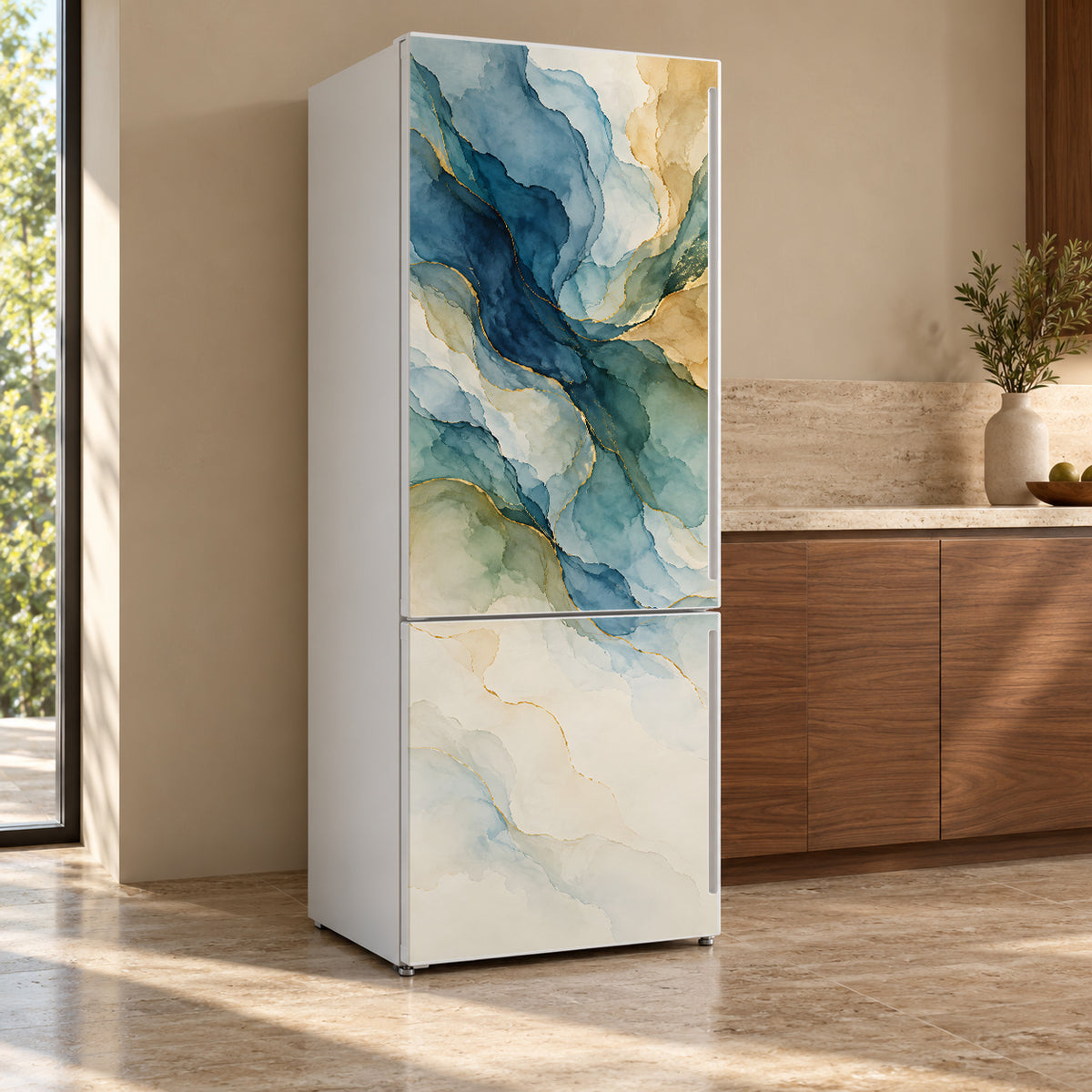 Watercolor Abstract fridge wrap, refrigerator shown at an angle