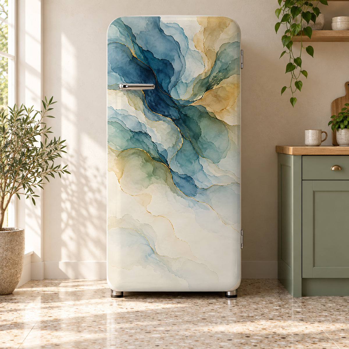 Watercolor Abstract fridge wrap on a retro refrigerator