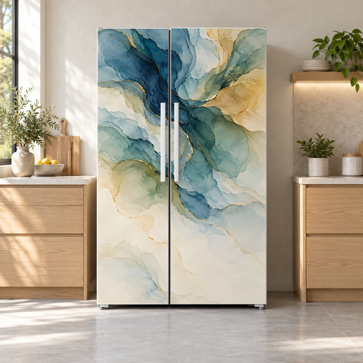 Watercolor Abstract fridge wrap on a side-by-side refrigerator