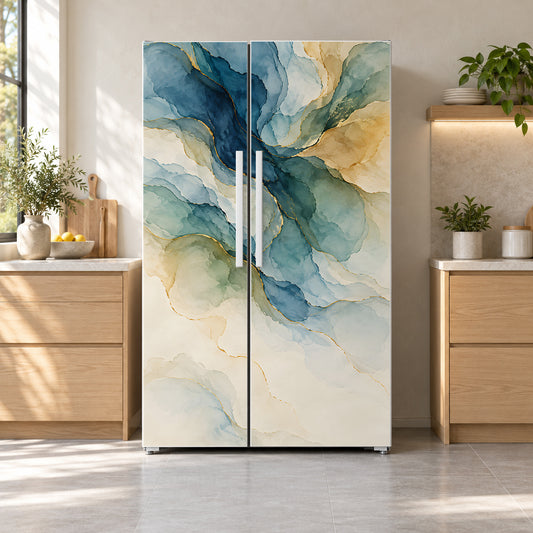 Watercolor Abstract fridge wrap on a side-by-side refrigerator