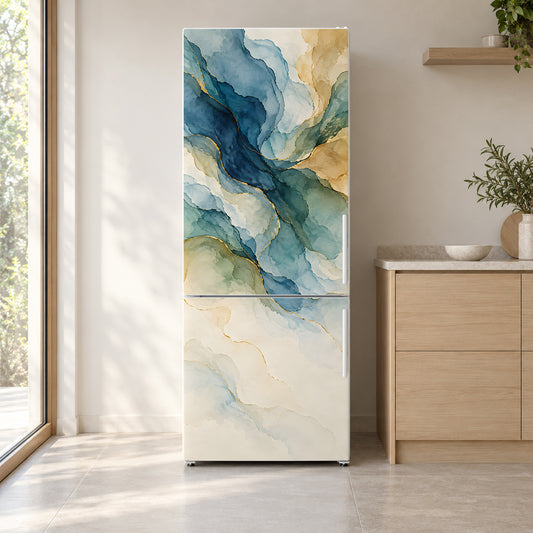 Watercolor Abstract fridge wrap on a white refrigerator in a bright kitchen