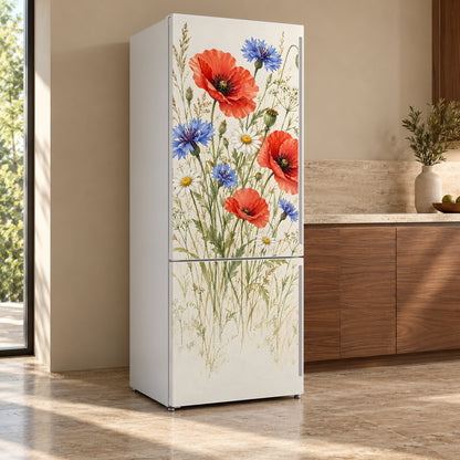 Watercolor Wildflowers fridge wrap, refrigerator shown at an angle