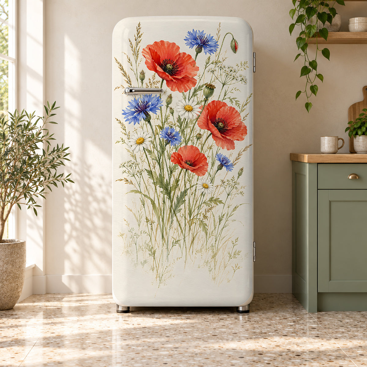 Watercolor Wildflowers fridge wrap on a retro refrigerator