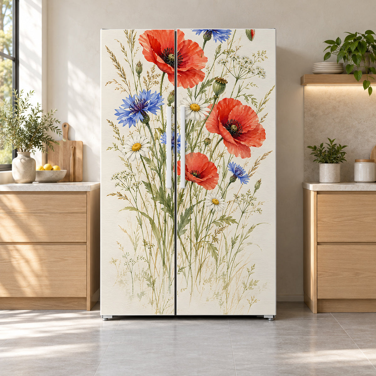 Watercolor Wildflowers fridge wrap on a side-by-side refrigerator