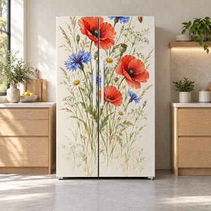 Watercolor Wildflowers fridge wrap on a side-by-side refrigerator