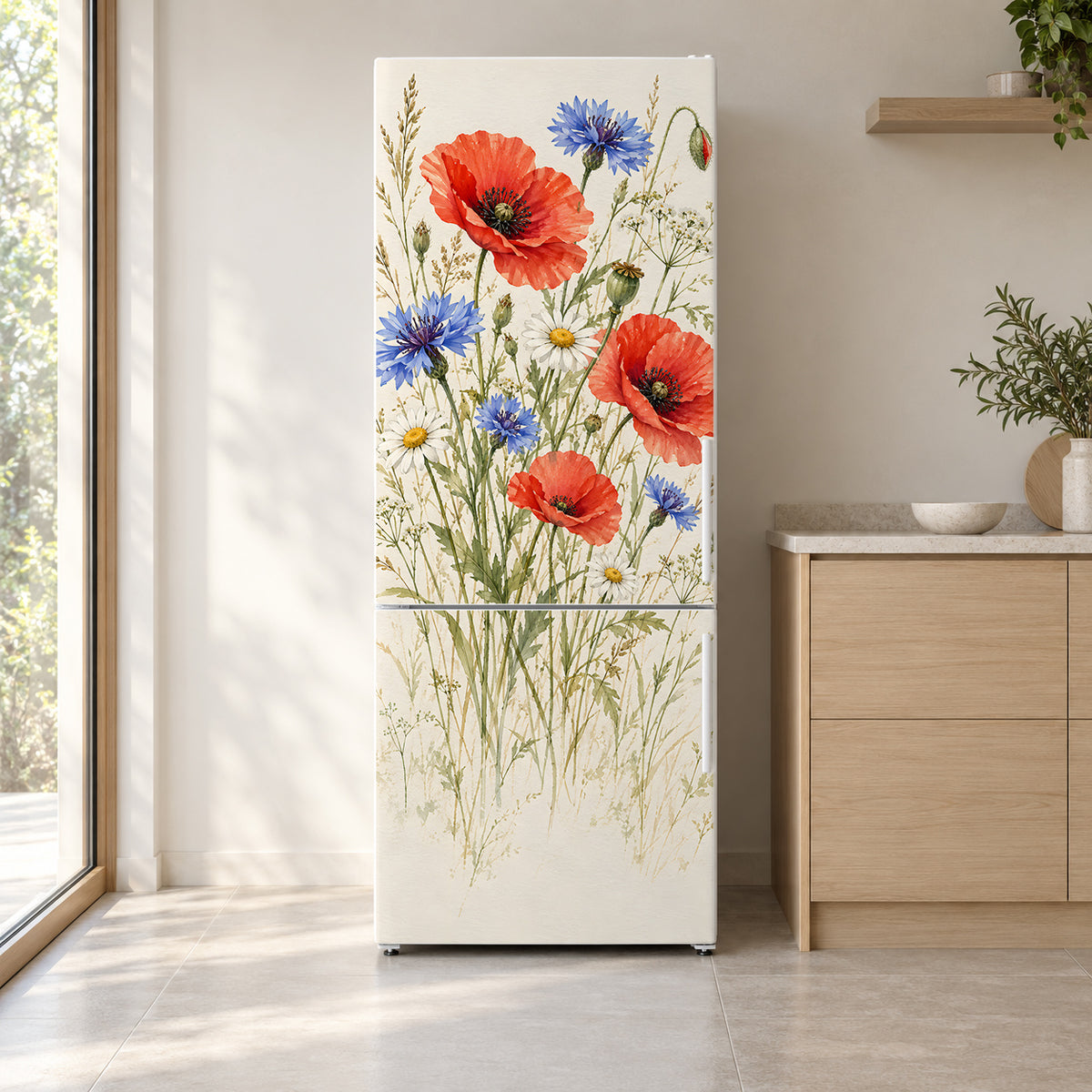 Watercolor Wildflowers fridge wrap on a white refrigerator in a bright kitchen