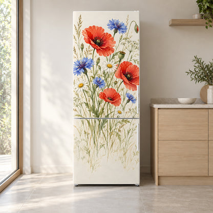 Watercolor Wildflowers fridge wrap on a white refrigerator in a bright kitchen