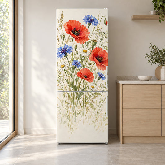 Watercolor Wildflowers fridge wrap on a white refrigerator in a bright kitchen