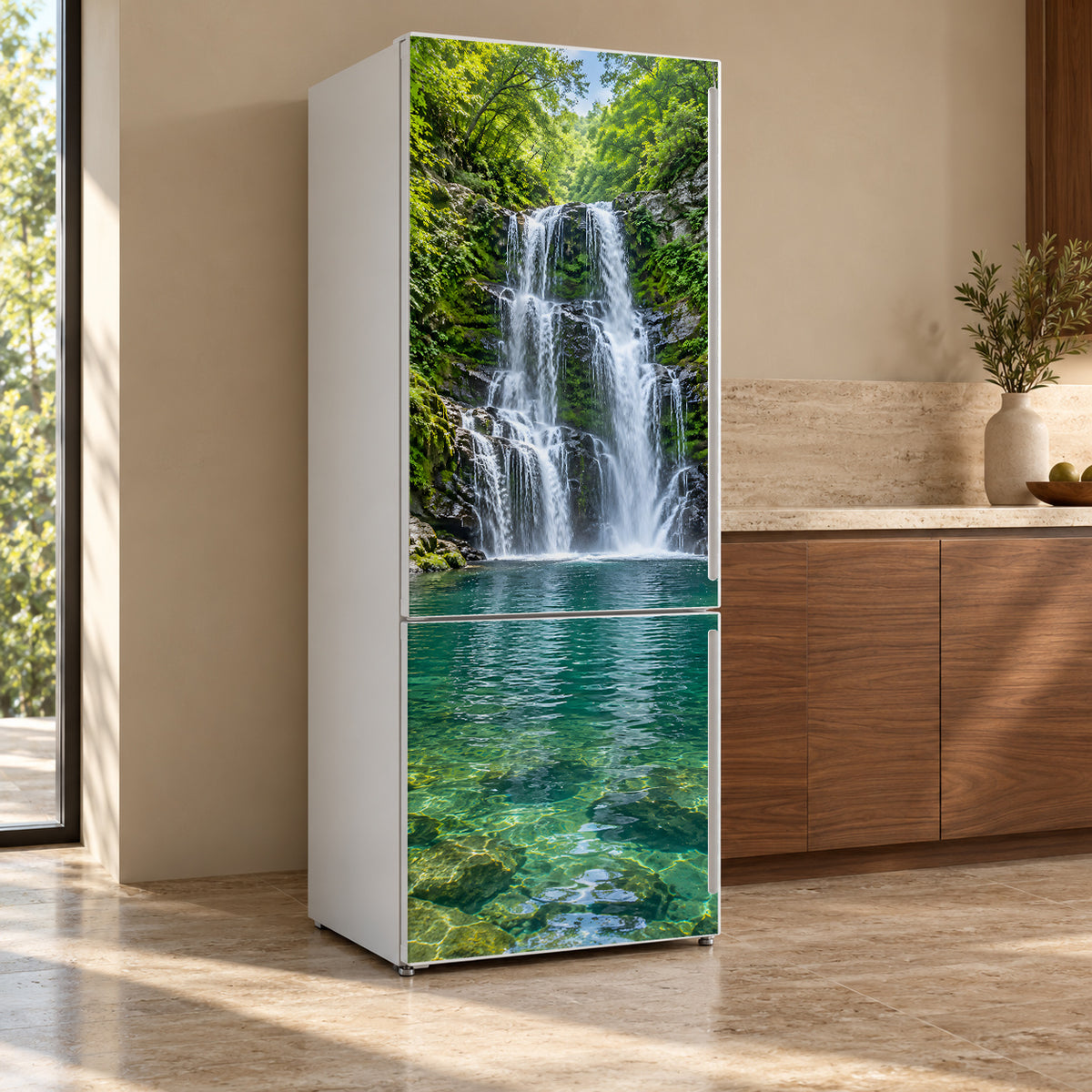 Forest Waterfall fridge wrap, refrigerator shown at an angle
