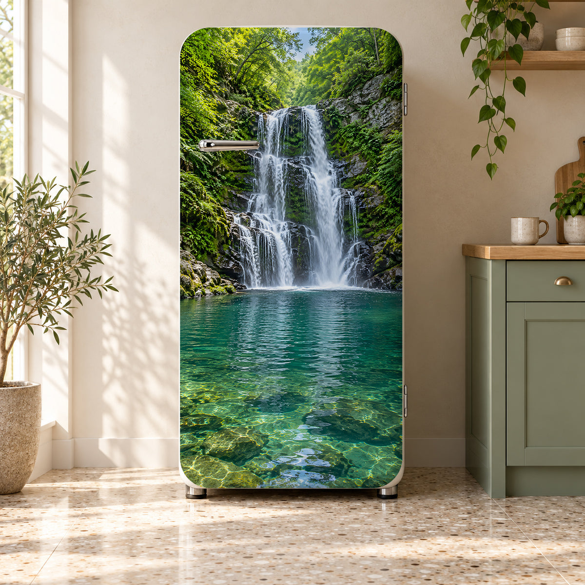 Forest Waterfall fridge wrap on a retro refrigerator