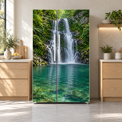 Forest Waterfall fridge wrap on a side-by-side refrigerator