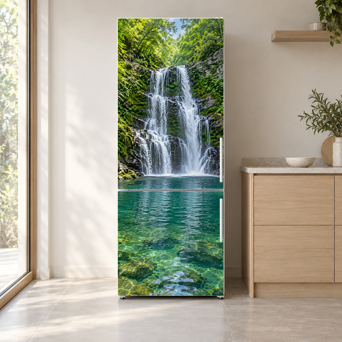 Forest Waterfall fridge wrap on a white refrigerator in a bright kitchen