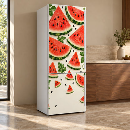 Watermelon Slices fridge wrap, refrigerator shown at an angle