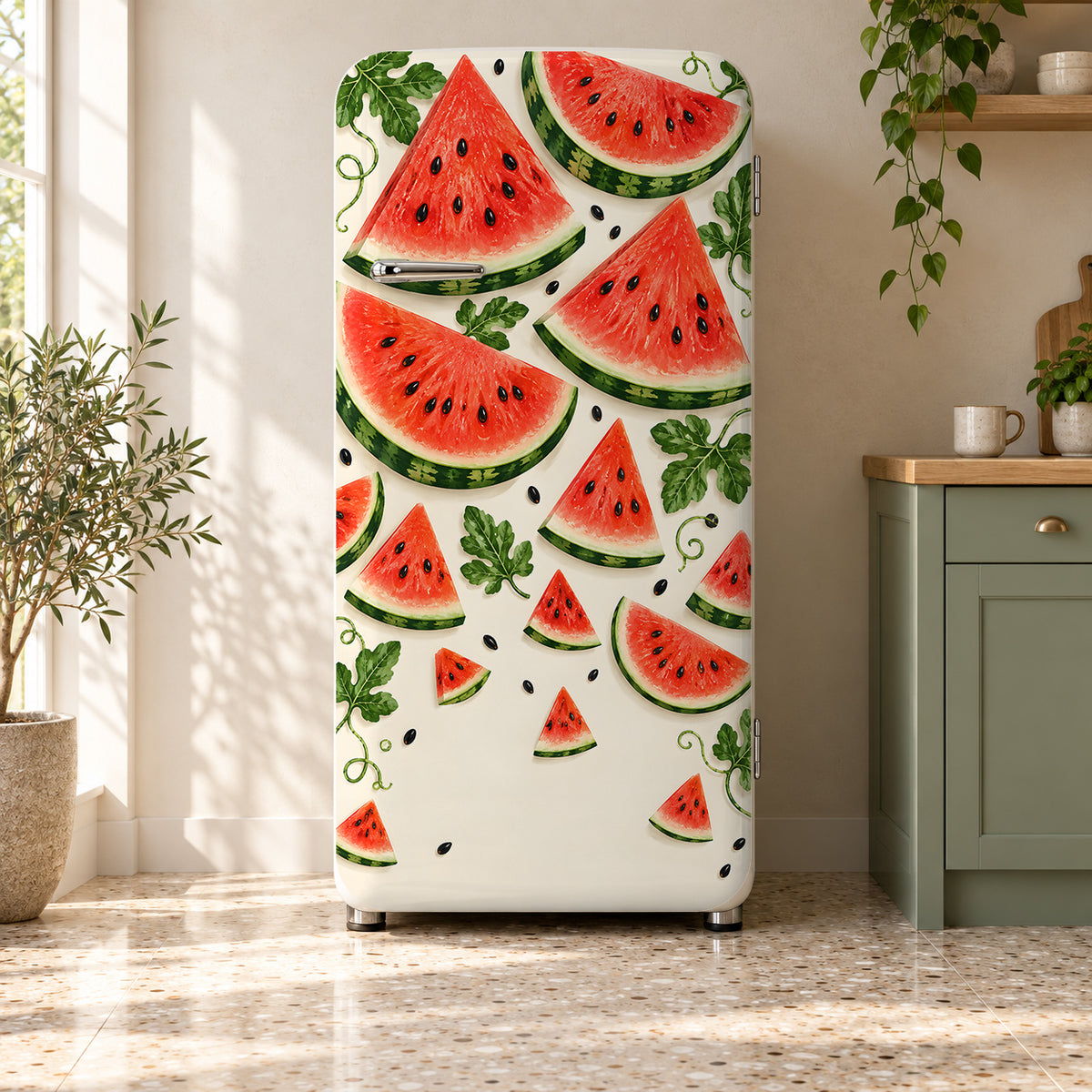 Watermelon Slices fridge wrap on a retro refrigerator