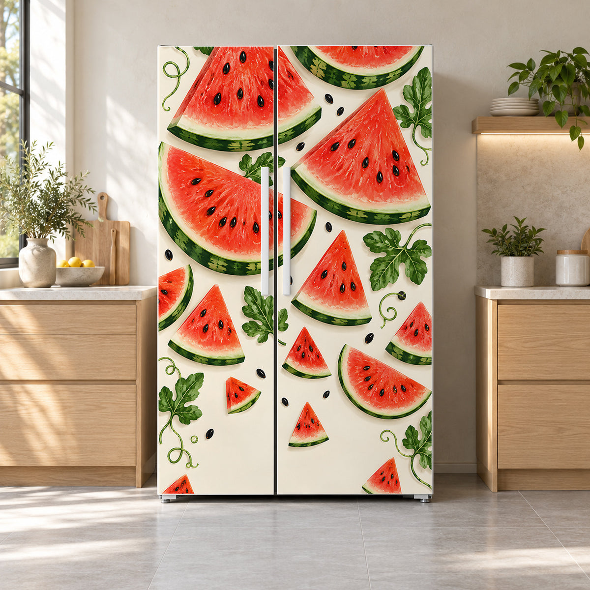 Watermelon Slices fridge wrap on a side-by-side refrigerator