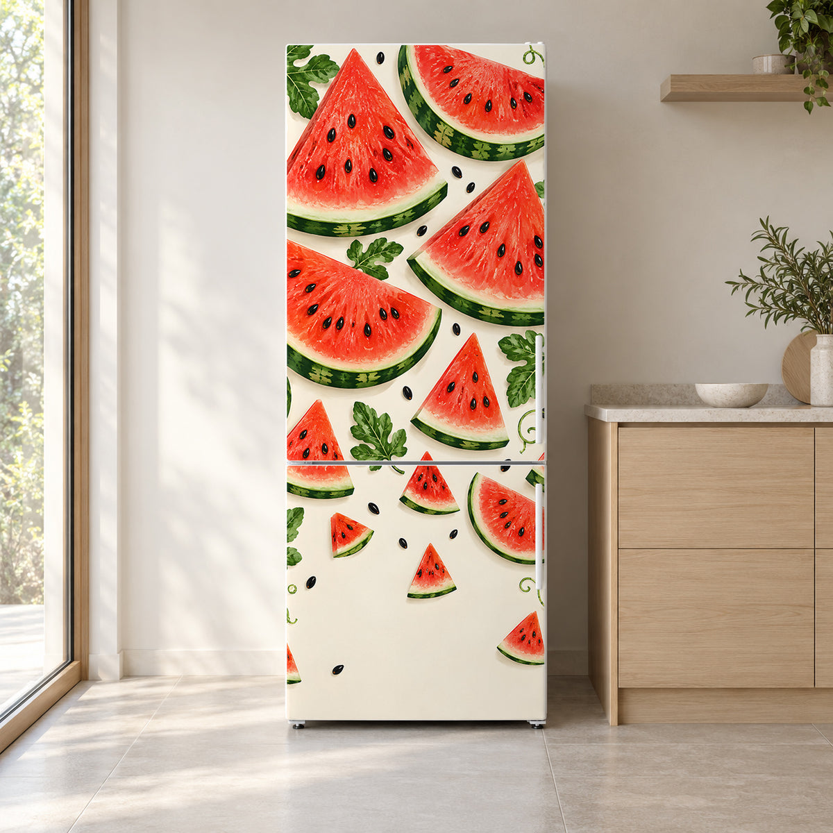 Watermelon Slices fridge wrap on a white refrigerator in a bright kitchen