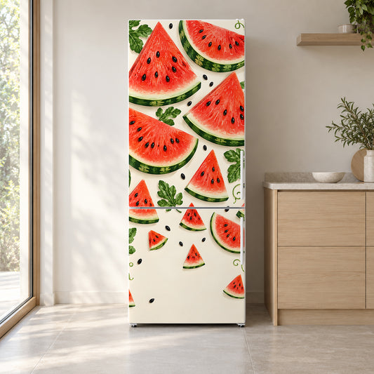 Watermelon Slices fridge wrap on a white refrigerator in a bright kitchen