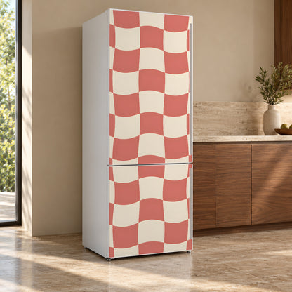 Wavy Checkerboard fridge wrap, refrigerator shown at an angle