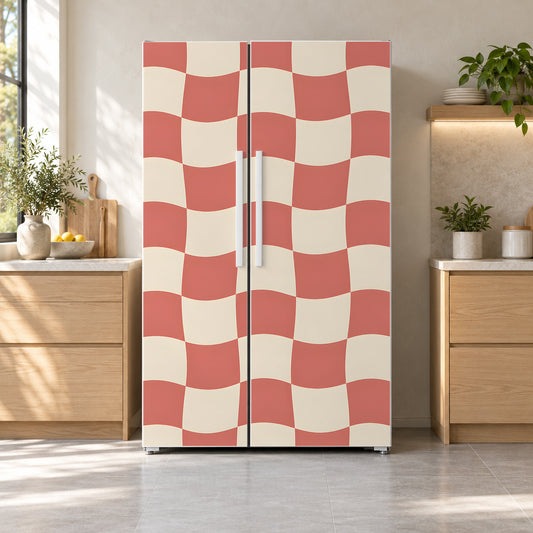 Wavy Checkerboard fridge wrap on a side-by-side refrigerator