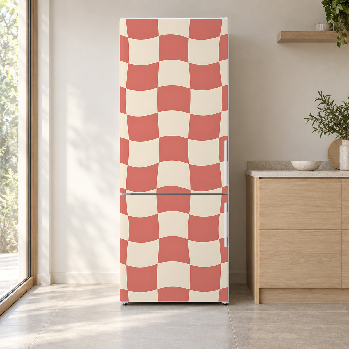 Wavy Checkerboard fridge wrap on a white refrigerator in a bright kitchen