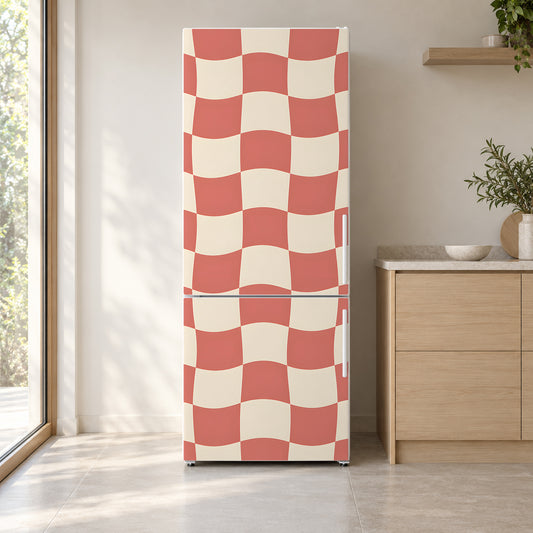 Wavy Checkerboard fridge wrap on a white refrigerator in a bright kitchen