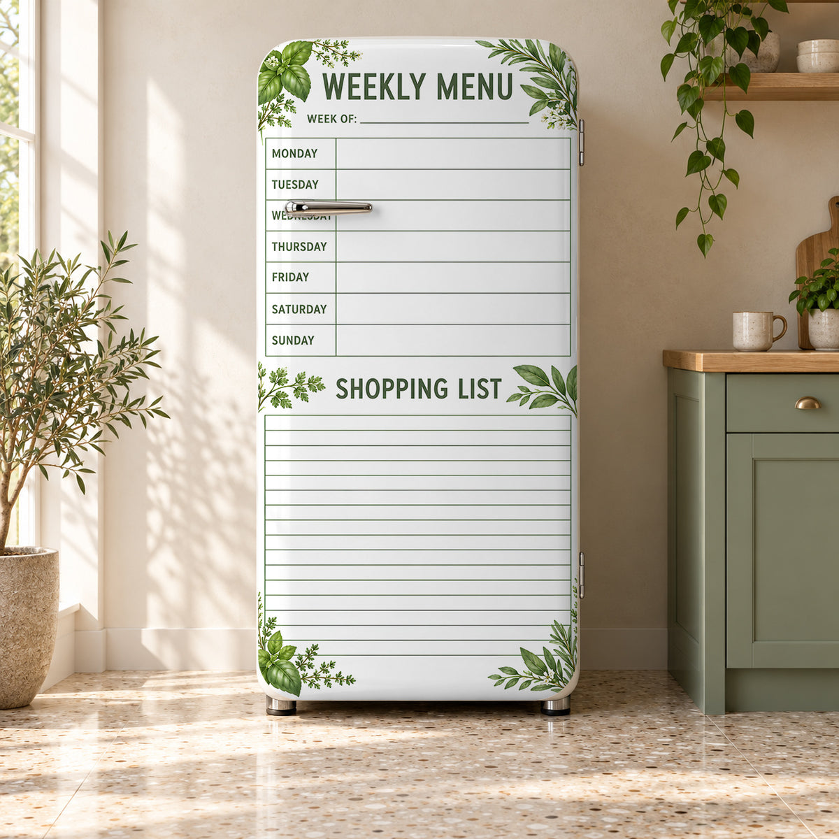 Weekly Menu Planner fridge wrap on a retro refrigerator