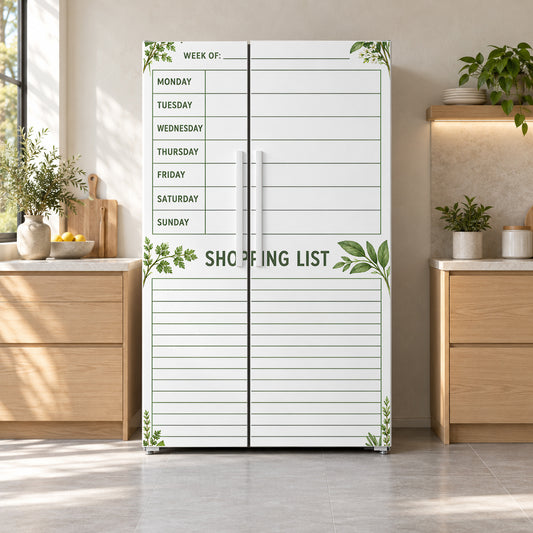 Weekly Menu Planner fridge wrap on a side-by-side refrigerator