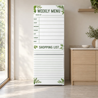 Weekly Menu Planner fridge wrap on a white refrigerator in a bright kitchen