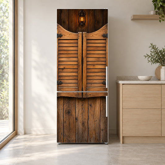Western Saloon Doors fridge wrap on a white refrigerator in a bright kitchen