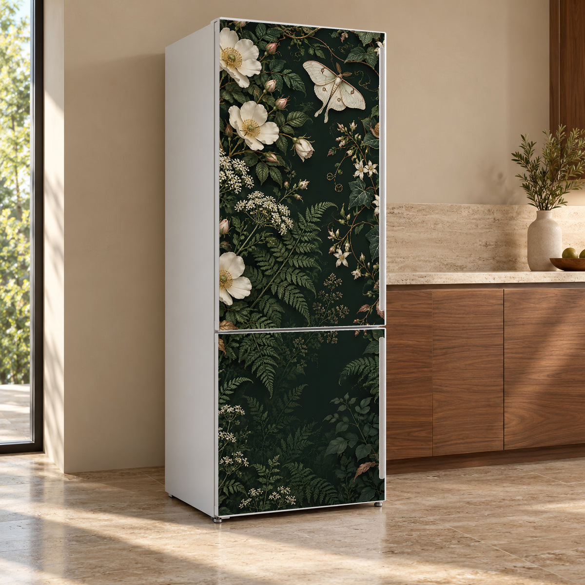 Whimsical Dark Botanical fridge wrap, refrigerator shown at an angle