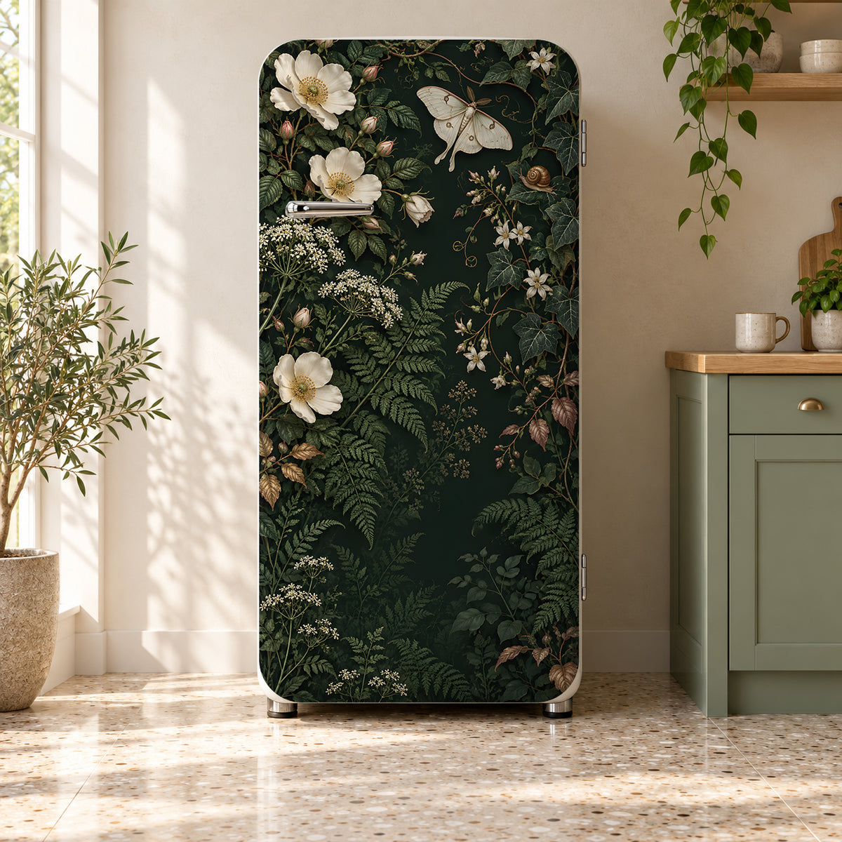 Whimsical Dark Botanical fridge wrap on a retro refrigerator