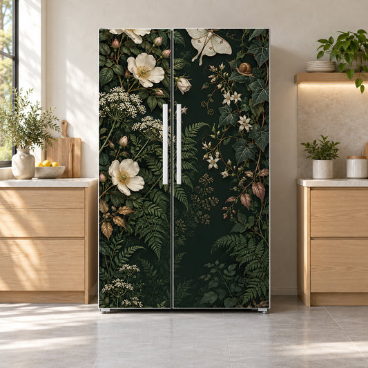 Whimsical Dark Botanical fridge wrap on a side-by-side refrigerator